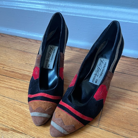 Vintage Sacha London x Saks suede Art Deco Patchwork Heels 7 - Picture 1 of 7